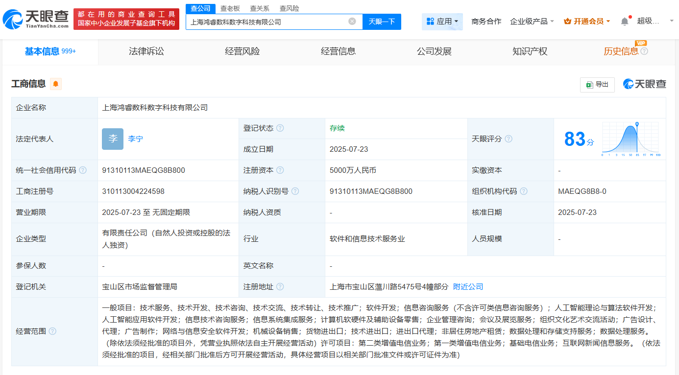 鴻博股份上海布局人工智能新篇章 鴻睿數科正式成立，注冊資本5000萬聚焦AI算法軟件開發